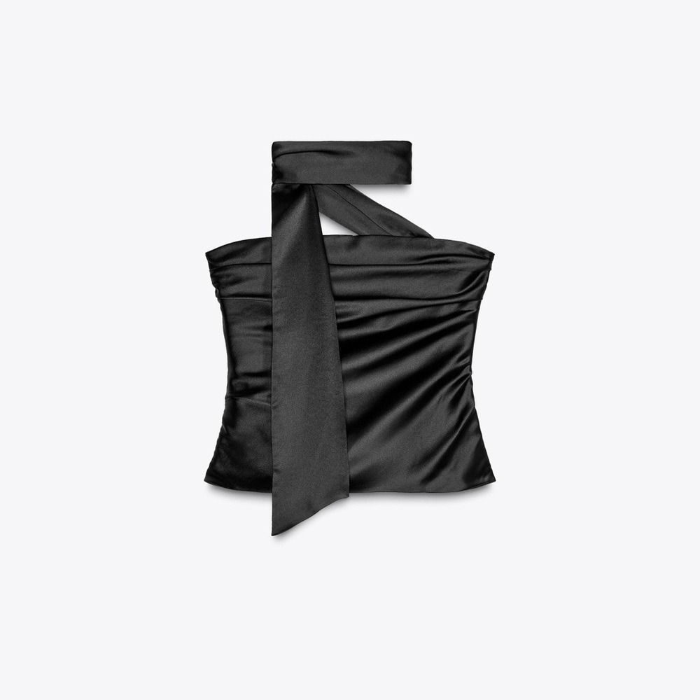 Zara Black Satin Halter Top with Scarf